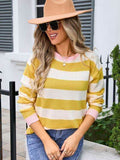 Angel Wings Striped Round Neck Dropped Shoulder Sweater - Hovatok