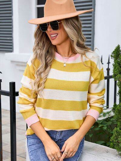 Angel Wings Striped Round Neck Dropped Shoulder Sweater - Hovatok