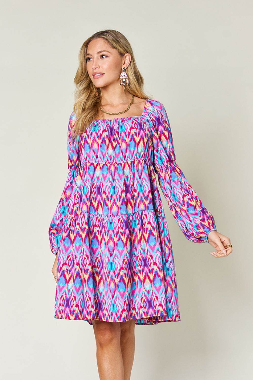 Double Take Full Size Printed Long Sleeve Dress - Hovatok