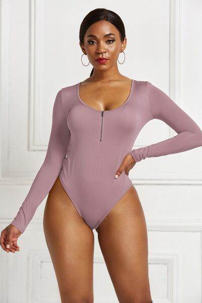 Half Zip Scoop Neck Long Sleeve Bodysuit - Hovatok