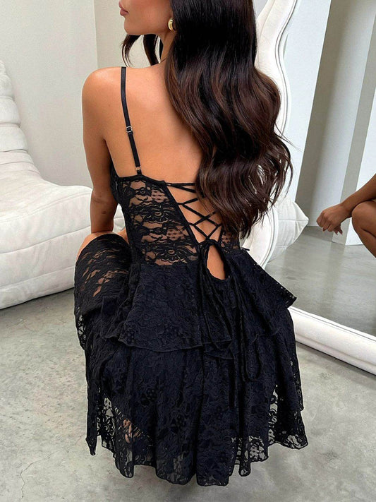 Devine Lace-Up Layered Lace Mini Cami Dress - Hovatok