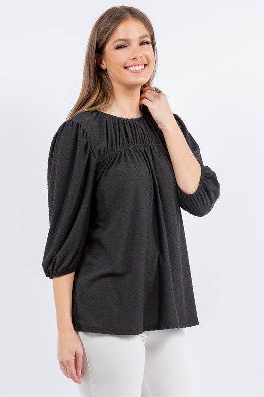 Celeste Full Size Puff Sleeve and Bow Detail Top Plus Size - Hovatok