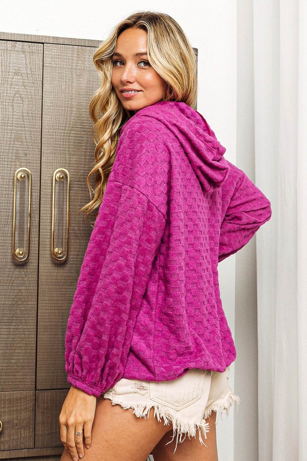 BiBi Brushed Checker Drawstring Long Sleeve Hoodie - Hovatok