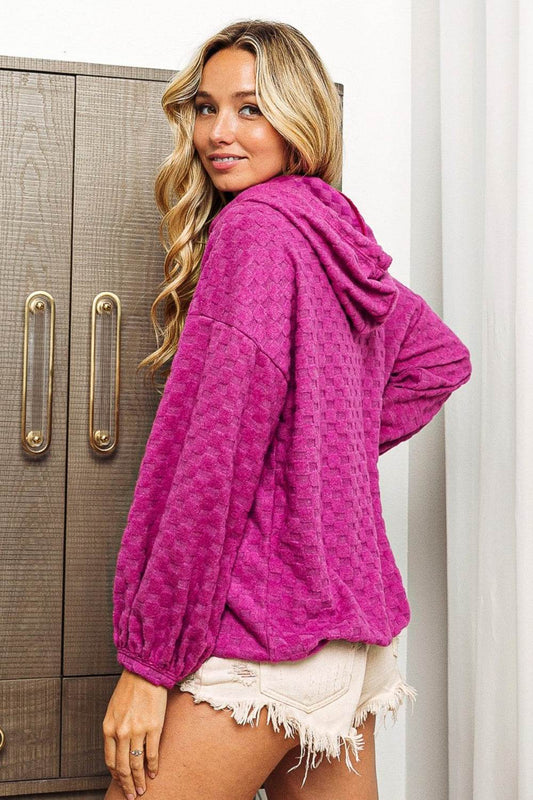 BiBi Brushed Checker Drawstring Long Sleeve Hoodie - Hovatok