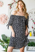 Heimish Full Size Short Sleeve Off Shoulder Animal Mini Dress Plus Size - Hovatok