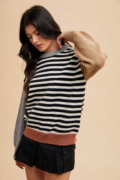 Annie Wear Striped Color Block Round Neck Sweater - Hovatok