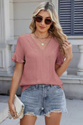 Ruffled V-Neck Short Sleeve Blouse - Hovatok