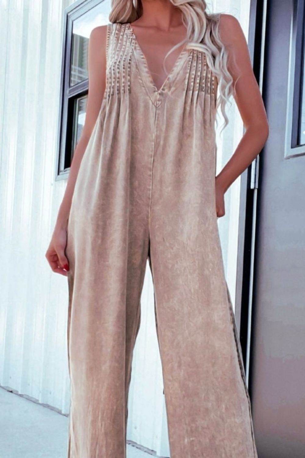 V-Neck Wide Leg Denim Jumpsuit - Hovatok