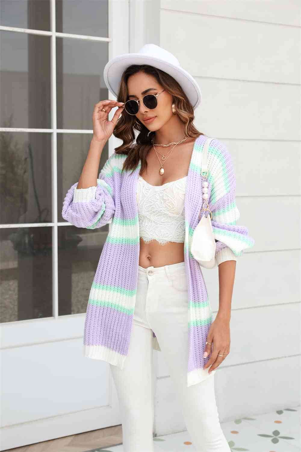 Angel Wings Color Block Ribbed Dropped Shoulder Open Front Cardigan - Hovatok