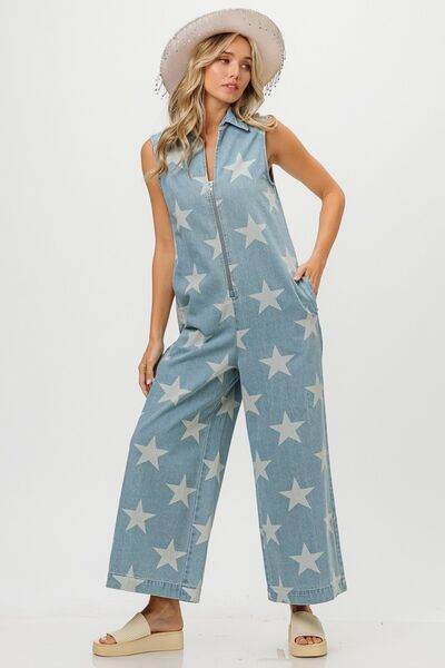 BiBi Star Print Half Zip Sleeveless Denim Jumpsuit - Hovatok