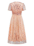 Sequin Leaf Embroidery Tie Front Short Sleeve Dress - Hovatok