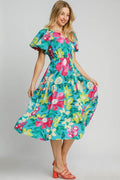 Umgee Full Size Tiered Floral Print Notched Puff Sleeve Midi Dress Plus Size - Hovatok