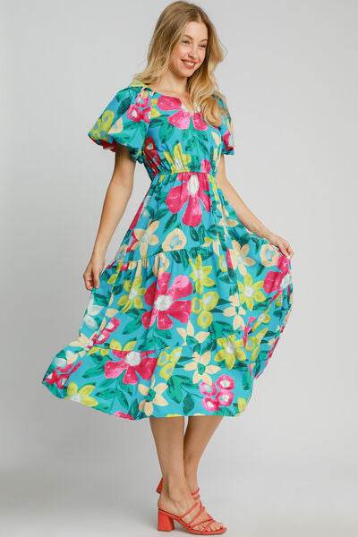 Umgee Full Size Tiered Floral Print Notched Puff Sleeve Midi Dress Plus Size - Hovatok