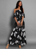 Pleated Floral Off-Shoulder Short Sleeve Midi Dress - Hovatok