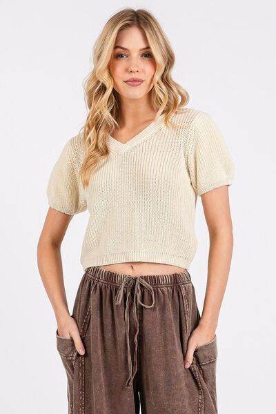 Mittoshop V-Neck Short Sleeve Crop Sweater - Hovatok