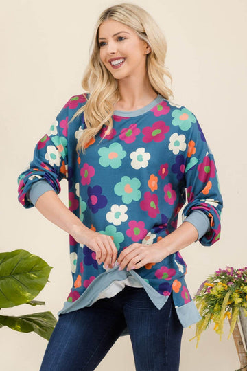 Celeste Full Size Side Slit Flower Print Long Sleeve Top - Hovatok