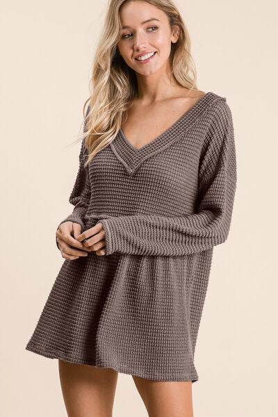 BiBi Waffle Knit V-Neck Babydoll Blouse - Hovatok