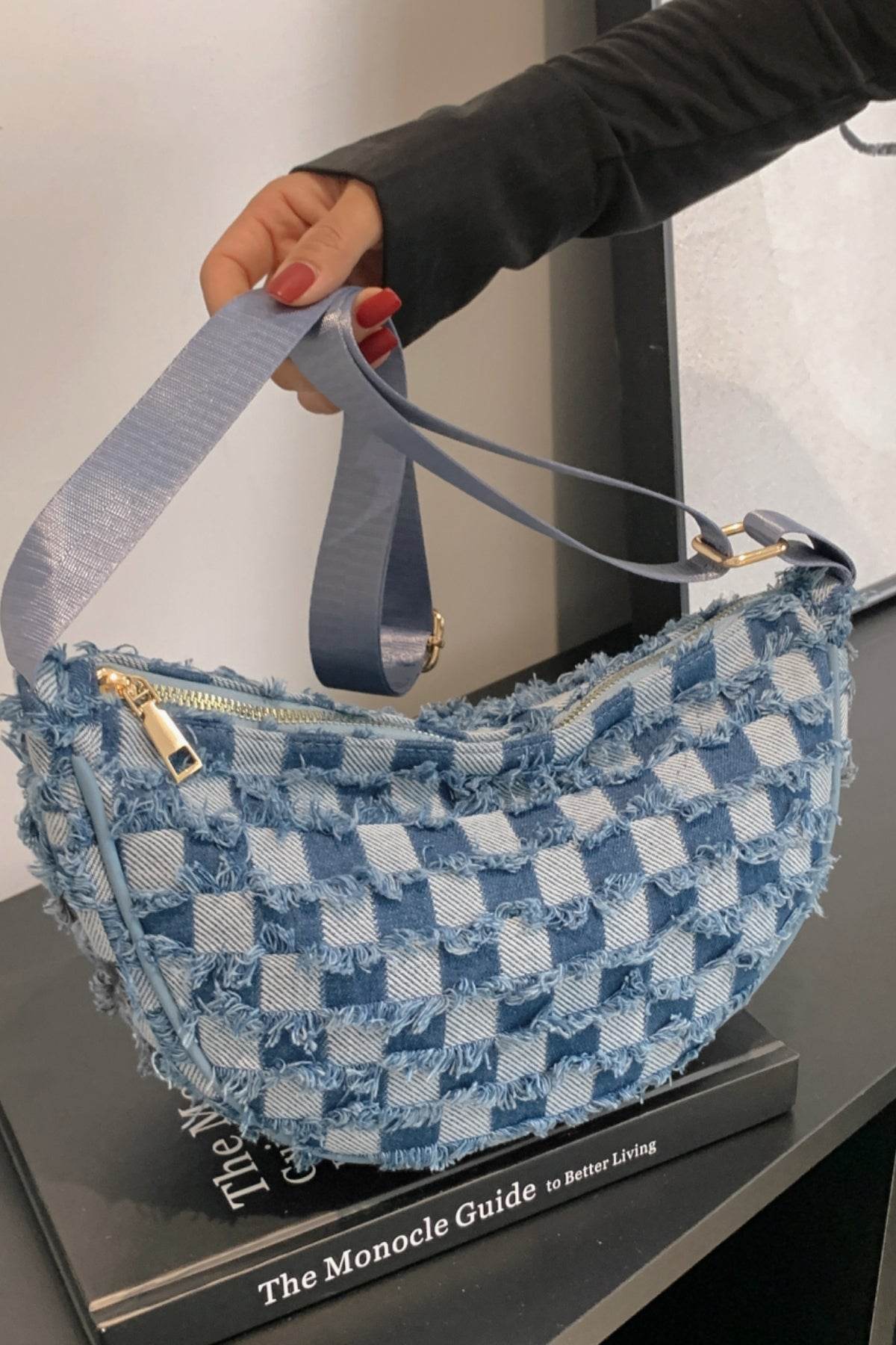 Raw Hem Checkered Denim Crossbody Bag - Hovatok