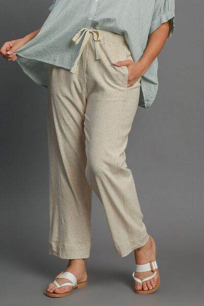 Umgee Full Size Drawstring Elastic Waistband Linen Blend Pants Plus Size - Hovatok