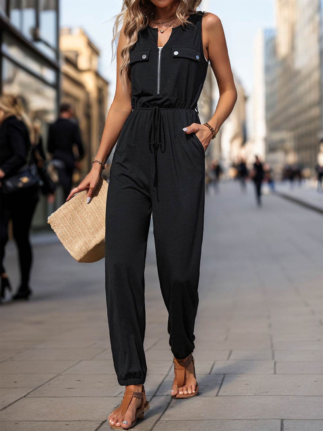 Perfee Half Zip Sleeveless Jumpsuit with Pockets - Hovatok