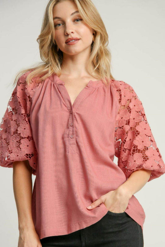 Umgee Full Size Lace Puff Sleeve Top Plus Size - Hovatok