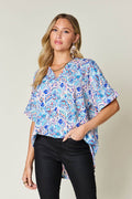 Double Take Full Size Printed V-Neck Short Sleeve Blouse - Hovatok