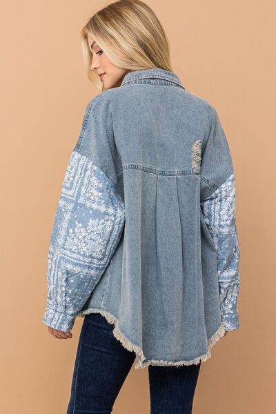 And The Why Full Size Paisley Print Quilted Sleeves Denim Jacket - Hovatok
