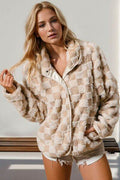 Double Take Checkered Long Sleeve Fuzzy Jacket - Hovatok