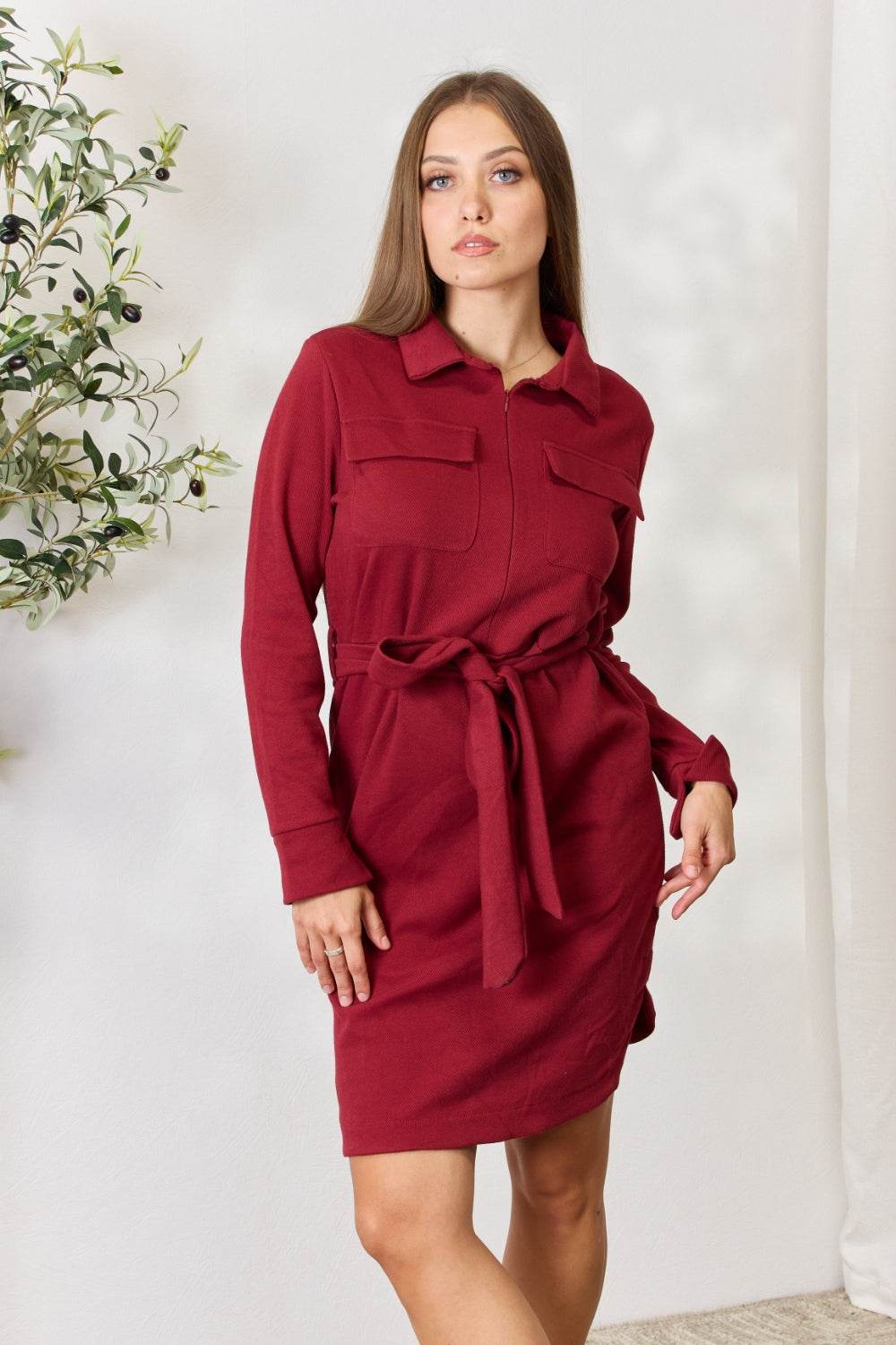 Culture Code Full Size Tie Front Half Zip Long Sleeve Shirt Dress - Hovatok
