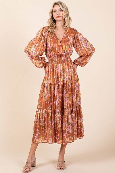 Mittoshop Flower Print Satin Lurex Stripe Smocked Midi Dress - Hovatok