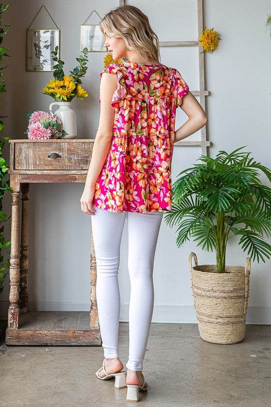 Heimish Full Size Butterfly Sleeve Floral Tiered Top Plus Size - Hovatok