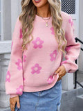 Angel Wings Flower Round Neck Dropped Shoulder Sweater - Hovatok