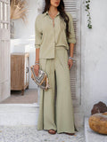 Devine Button Down Long Sleeve Top and Wide Leg Pants Set - Hovatok