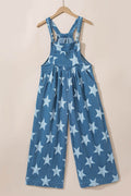 Star Print Buttoned Strap Wide Leg Denim Overalls - Hovatok