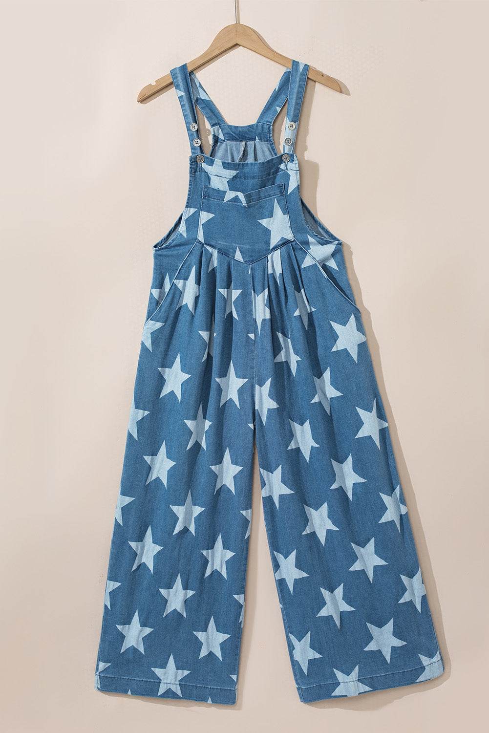 Star Print Buttoned Strap Wide Leg Denim Overalls - Hovatok