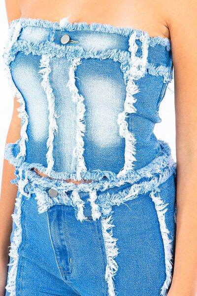 American Bazi Frayed Edge Denim Corset Top - Hovatok