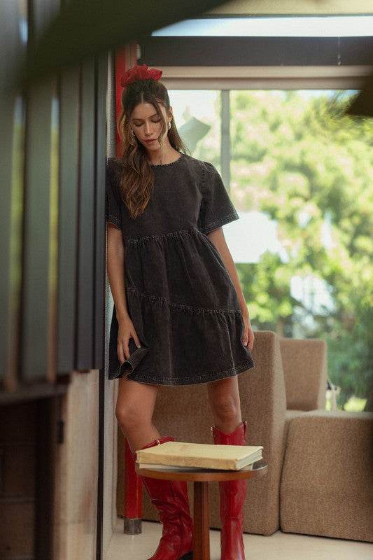 Annie Wear Mineral Washed Round Neck Short Sleeve Denim Dress - Hovatok