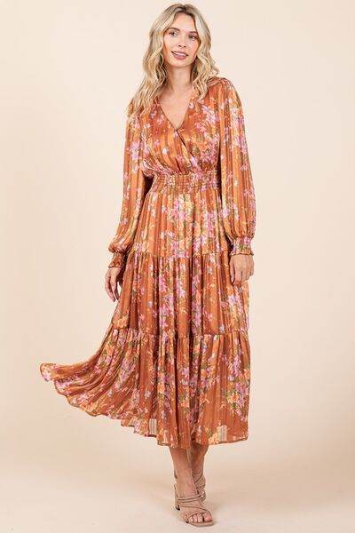 Mittoshop Flower Print Satin Lurex Stripe Smocked Midi Dress - Hovatok