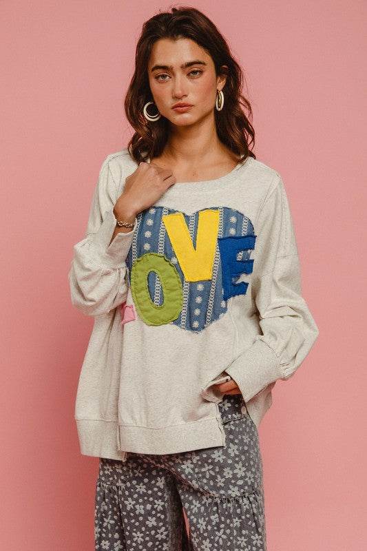BiBi LOVE Heart Patch Slit French Terry Sweatshirt - Hovatok
