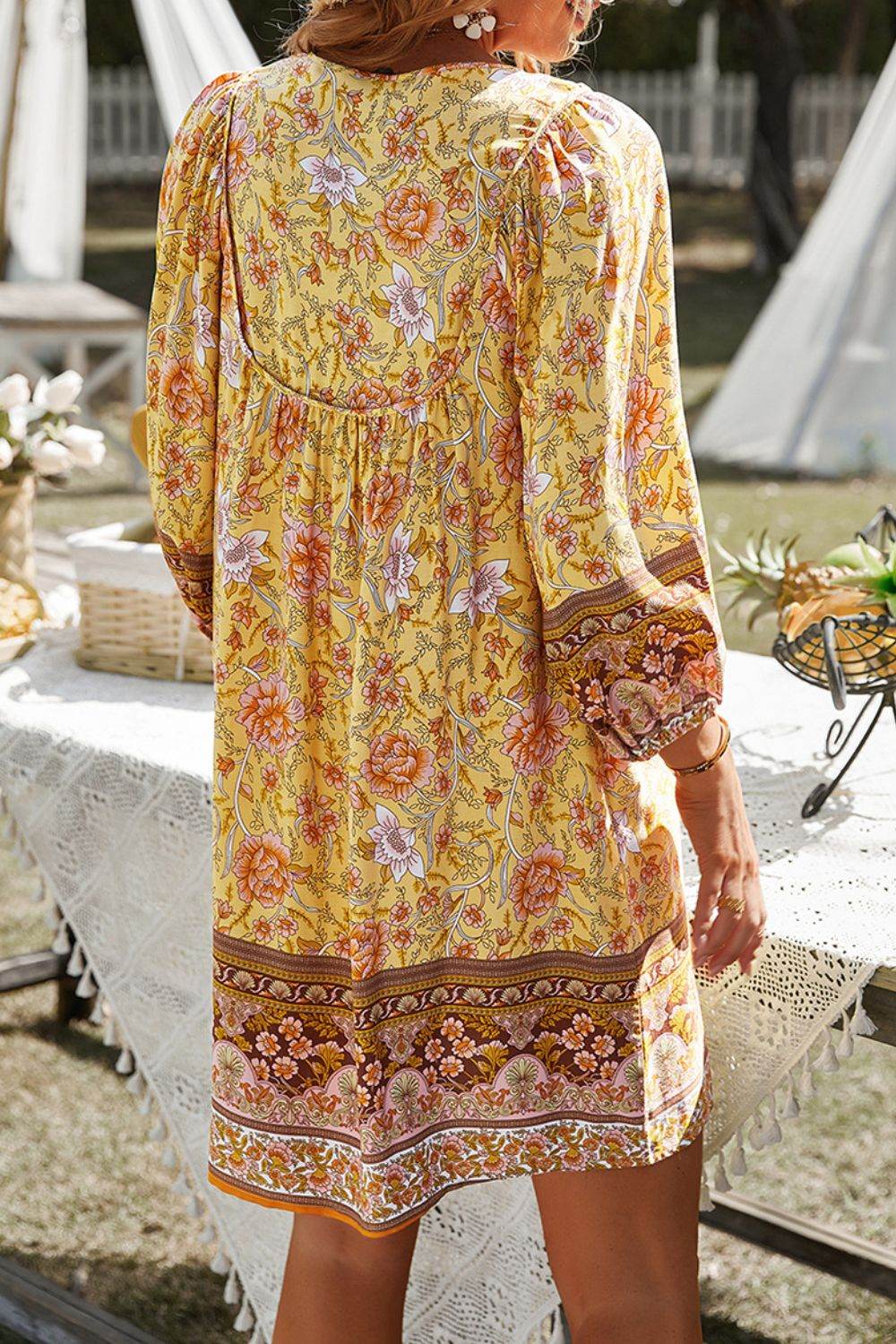 Devine Printed Tie Neck Mini Dress - Hovatok
