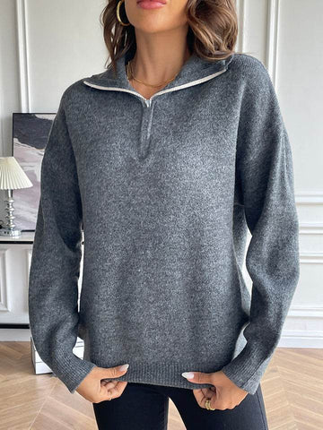 Half Zip Dropped Shoulder Sweater - Hovatok