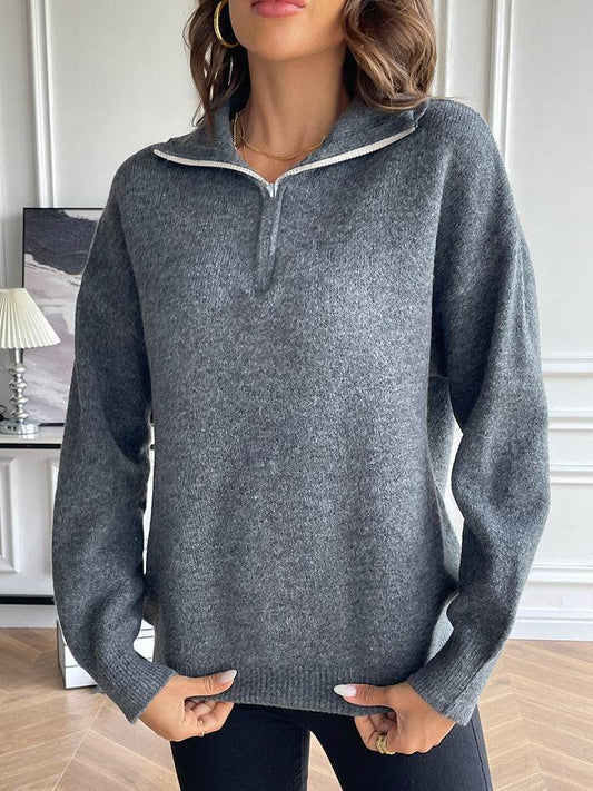 Half Zip Dropped Shoulder Sweater - Hovatok