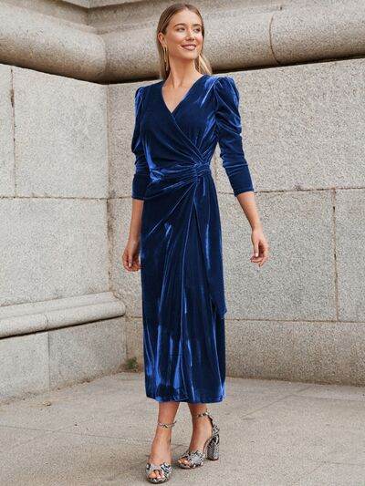 Surplice Puff Sleeve Midi Dress - Hovatok