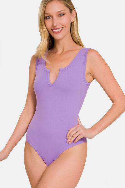 Zenana Microfiber Notched Sleeveless Bodysuit - Hovatok