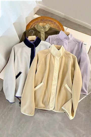 Double Take Snap Down Contrast Fleece Jacket with Pockets - Hovatok