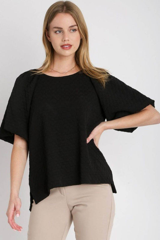 Umgee Full Size Boxy Cut Jacquard Round Neck Top with Side Slit Plus Size - Hovatok
