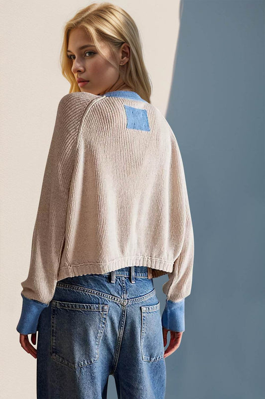 Double Take Contrast Button Up Long Sleeve Cardigan - Hovatok