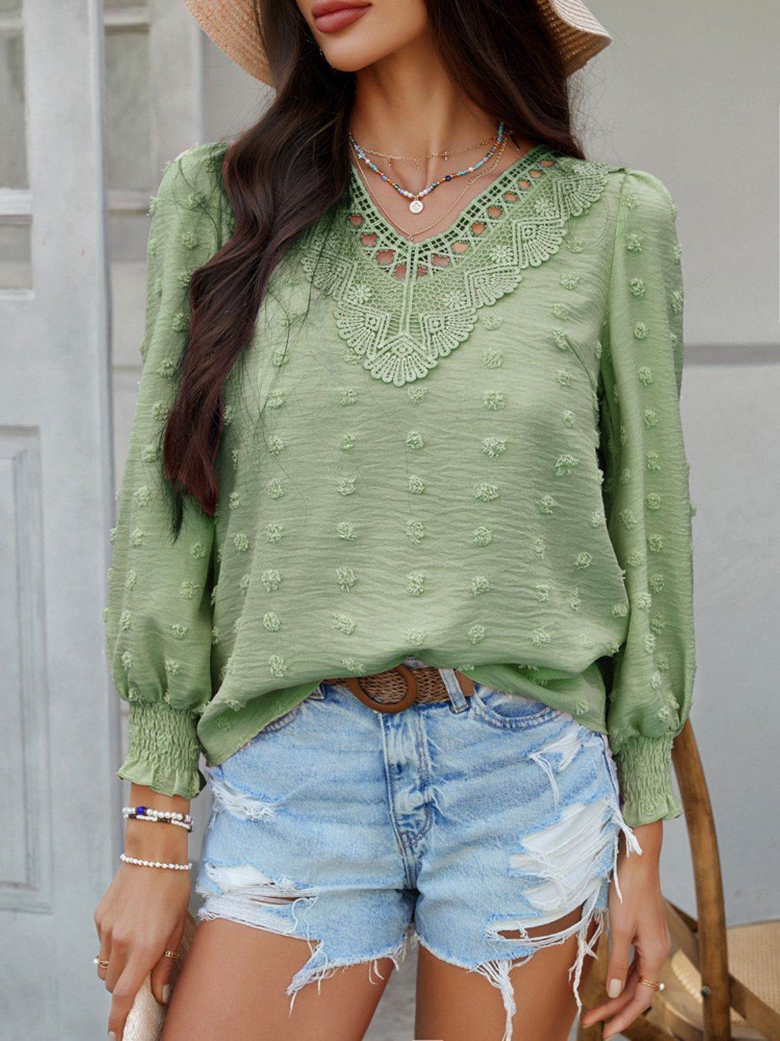 Devine Swiss Dot Lace Detail V-Neck Long Sleeve Blouse - Hovatok