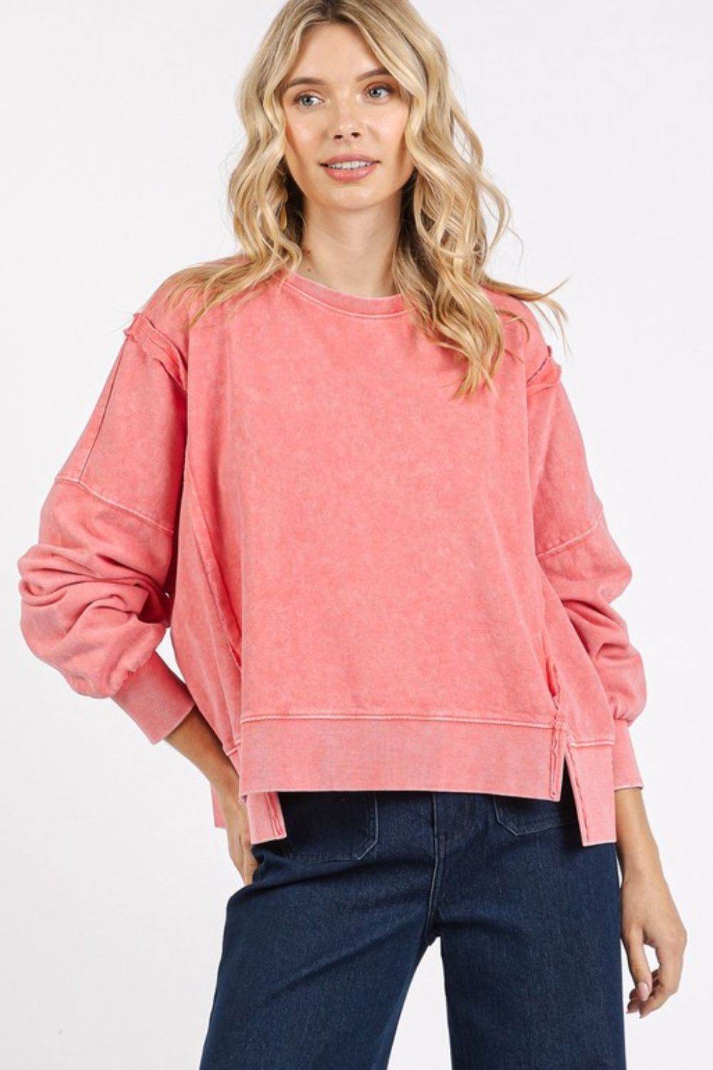 Mittoshop Side Slit Exposed Seam Round Neck Sweatshirt - Hovatok