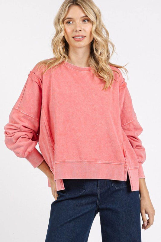 Mittoshop Side Slit Exposed Seam Round Neck Sweatshirt - Hovatok